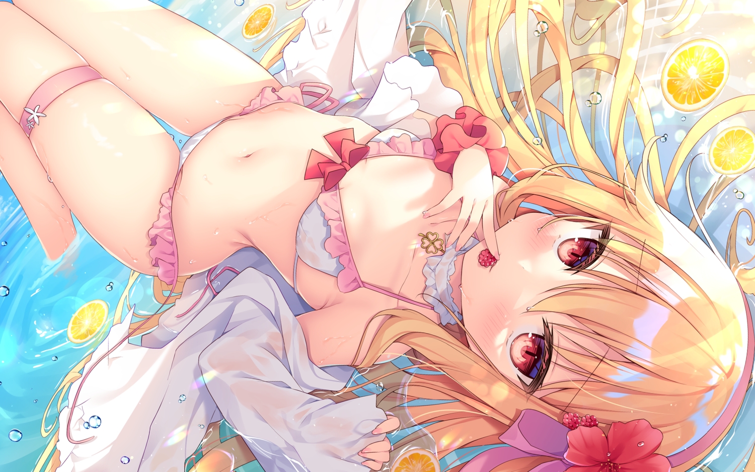 bikini, blonde_hair, blush, food, fruit, garter, loli, long_hair, navel, orange_(fruit), original, red_eyes, shikitani_asuka, swimsuit, water