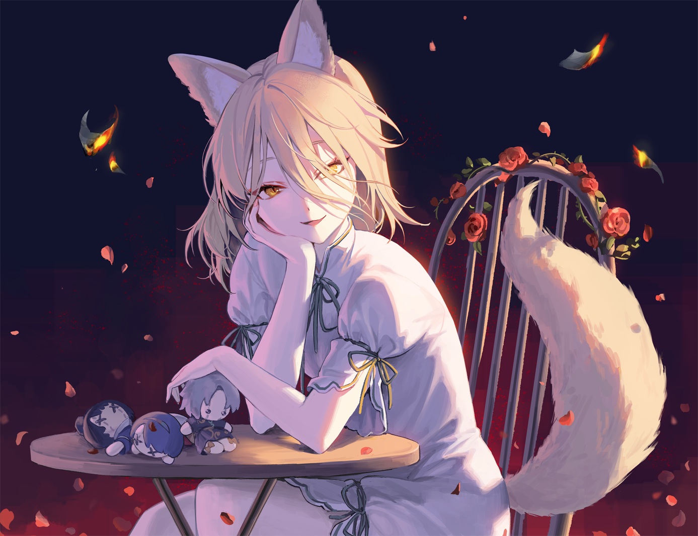 animal_ears, blonde_hair, doll, dress, flowers, foxgirl, hajin, kudamaki_tsukasa