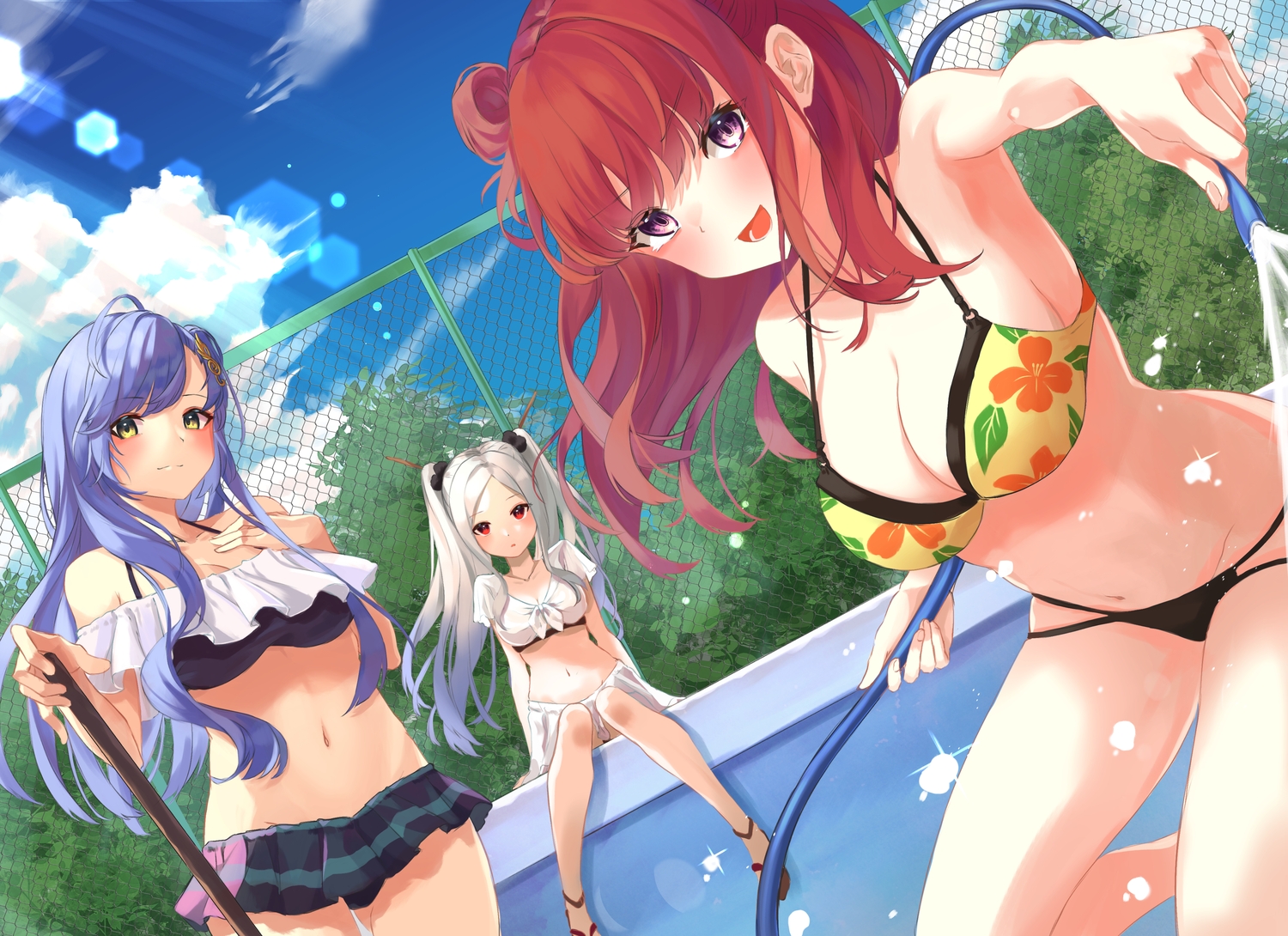 bikini, blue_hair, breast_hold, breasts, cleavage, clouds, haruka_mikoto, long_hair, otowa_lara, pool, purple_eyes, red_eyes, red_hair, roco_(rocoroco1115), sanpaku_yukko, short_hair, skirt, sky, swimsuit, twintails, utagoe_housoubu, water, white_hair, yellow_eyes
