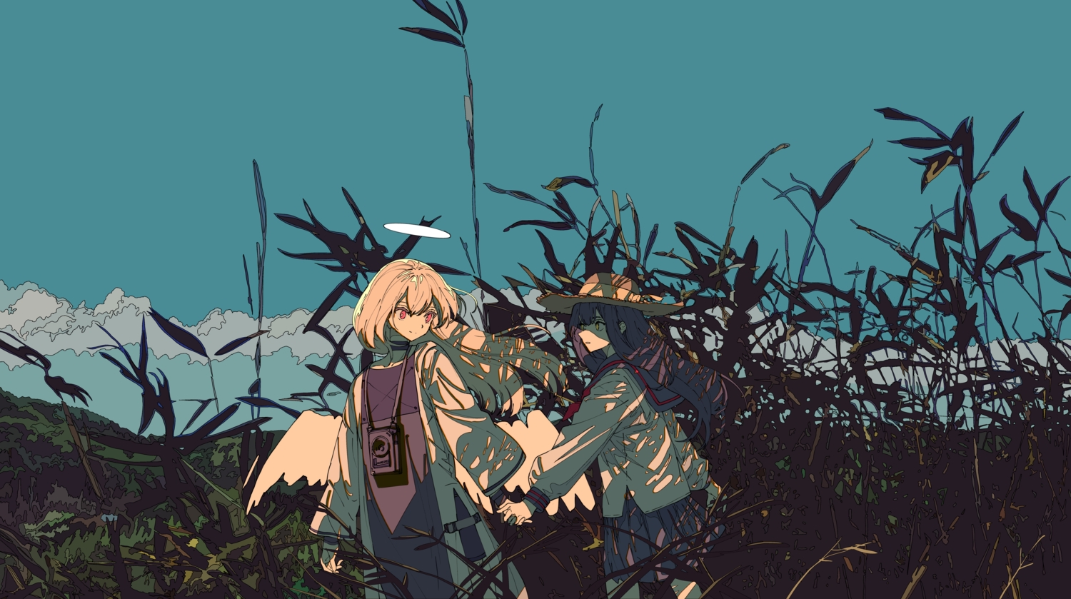 2girls, angel, blonde_hair, halo, kogecha_(coge_ch), original, purple_hair, red_eyes