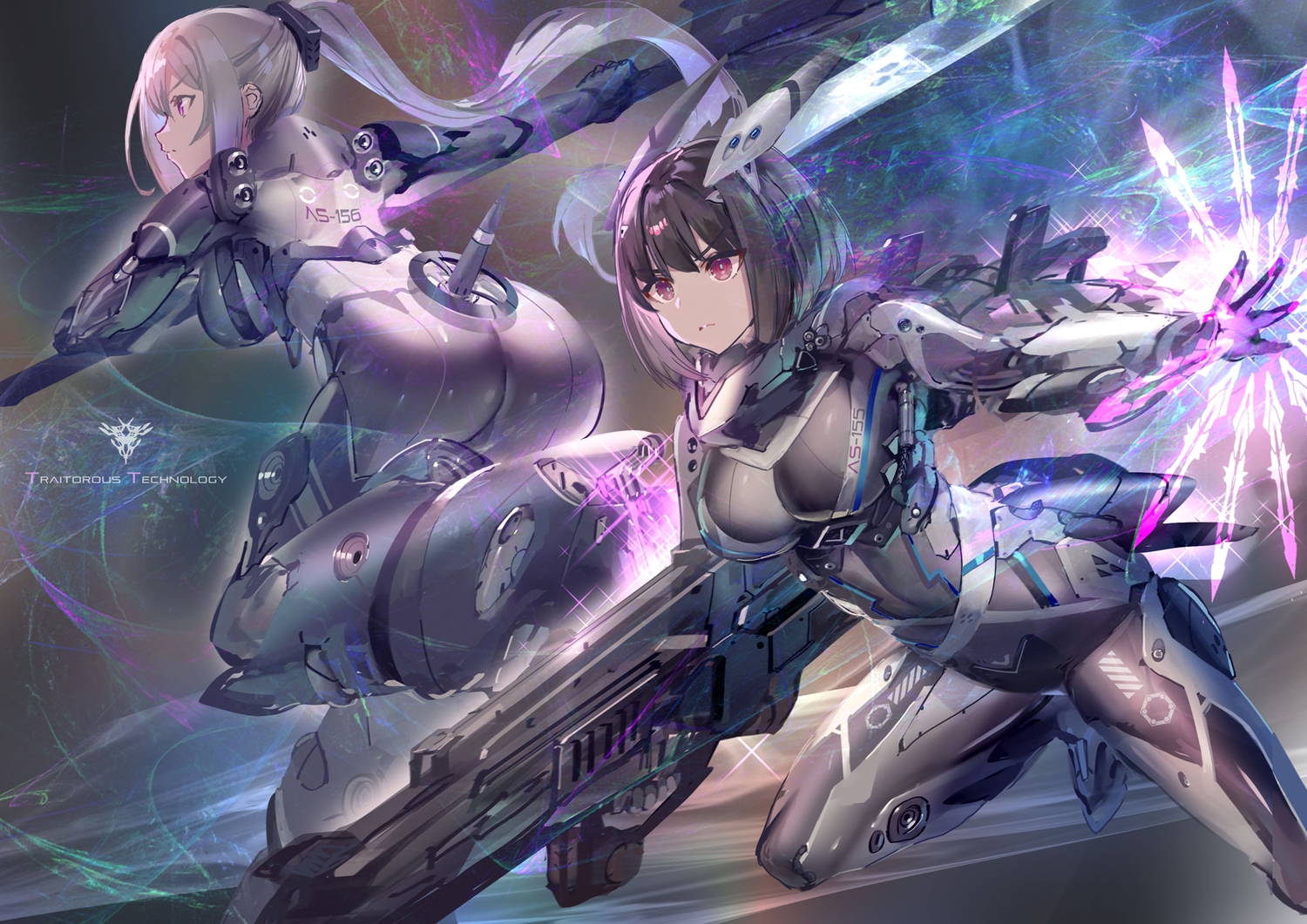 2girls, ass, black_hair, bodysuit, gray_hair, gun, long_hair, mechagirl