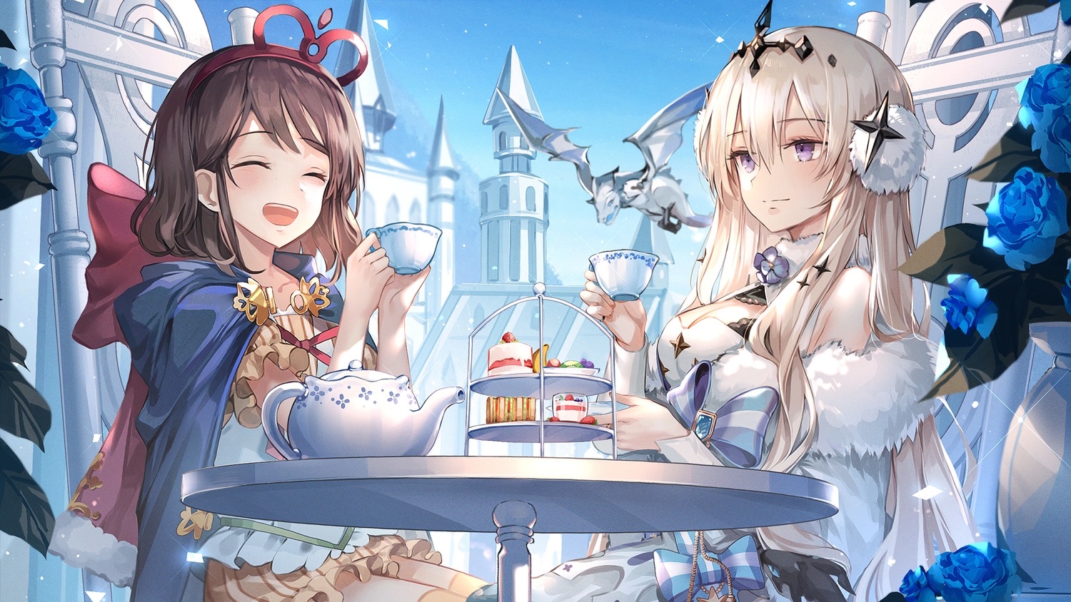 2girls, alchemy_stars, a_maru, bethlehem_(alchemy_stars), blonde_hair, brown_hair, building, cake
