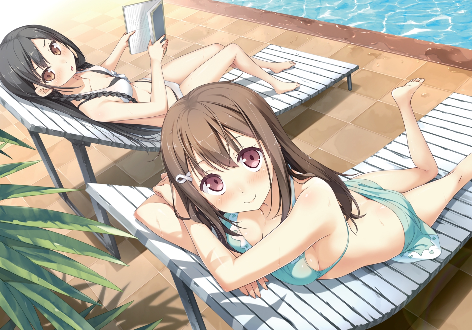 2girls, barefoot, bikini, blush, book, braids, breasts, cleavage