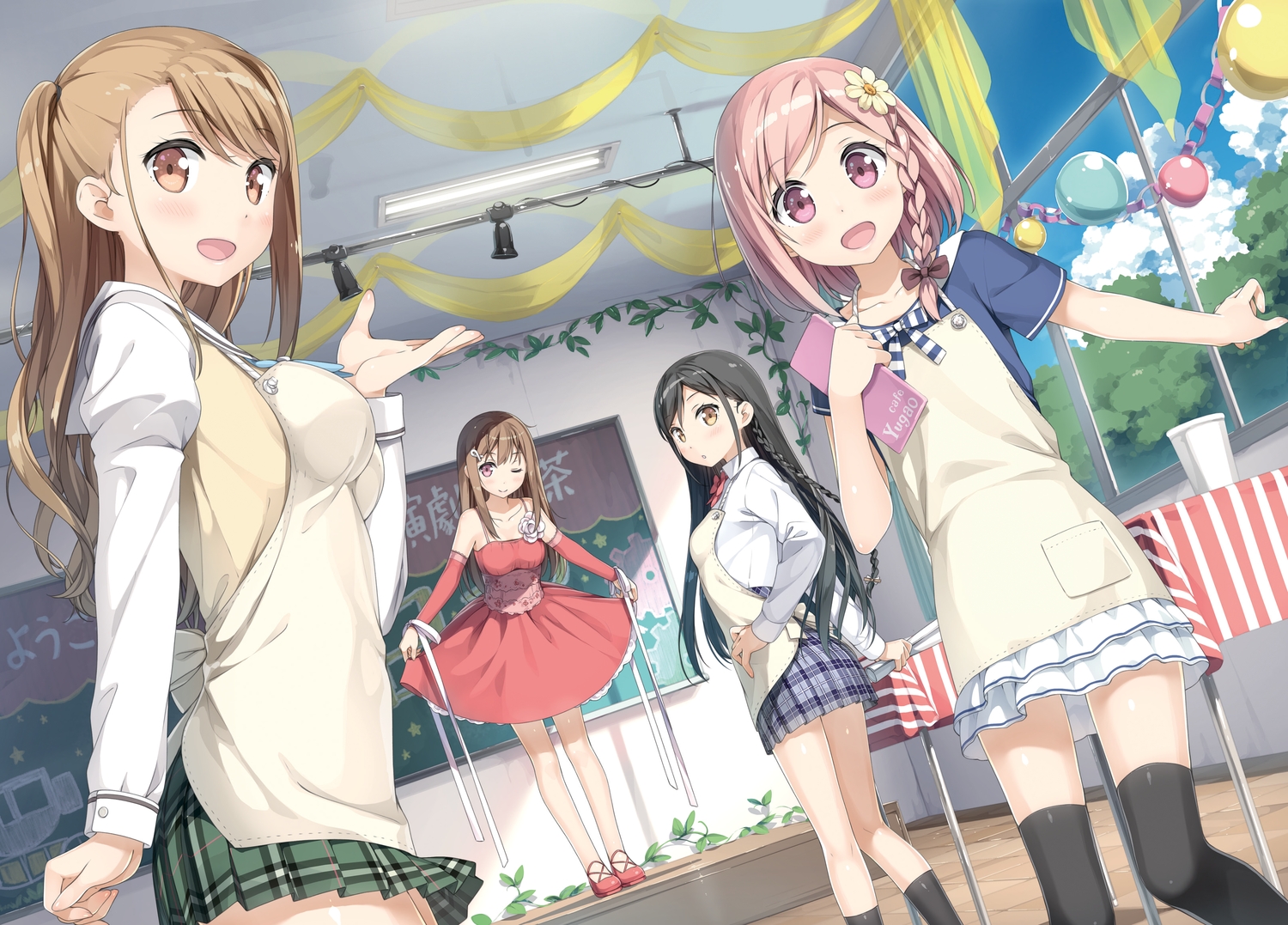 apron, black_hair, braids, brown_hair, crossover, cube, dress, group