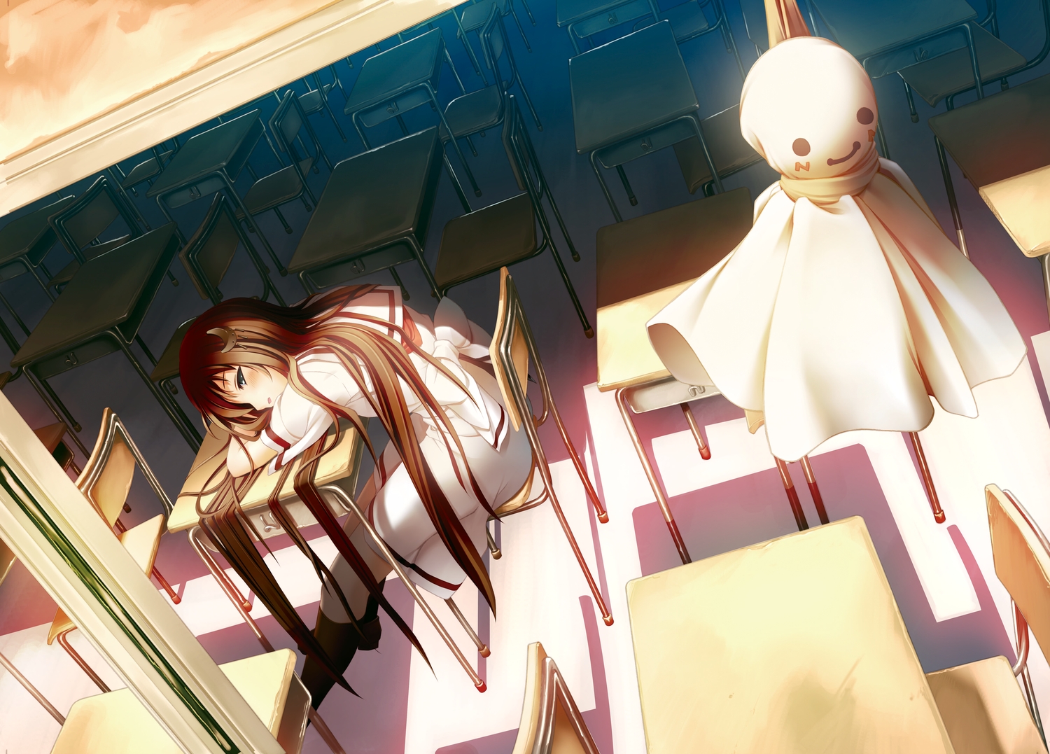 amesarasa, blush, brown_hair, chiyokawa_rin, cuffs_(studio), kantoku, kneehighs, long_hair, school_uniform