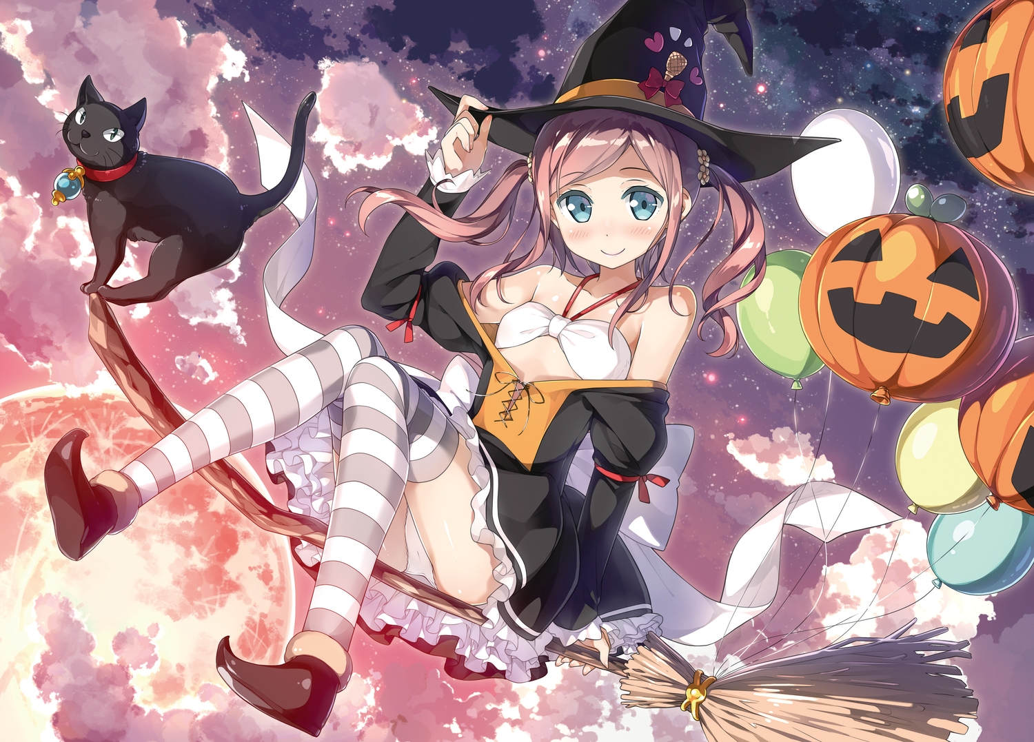 animal, bikini_top, blue_eyes, blush, bow, brown_hair, cat, chiyoda_momoka, clouds, cube, dress, halloween, hat, kantoku, koi_suru_kanojo_no_bukiyou_na_butai, moon, open_shirt, panties, sky, thighhighs, twintails, underwear, witch, witch_hat