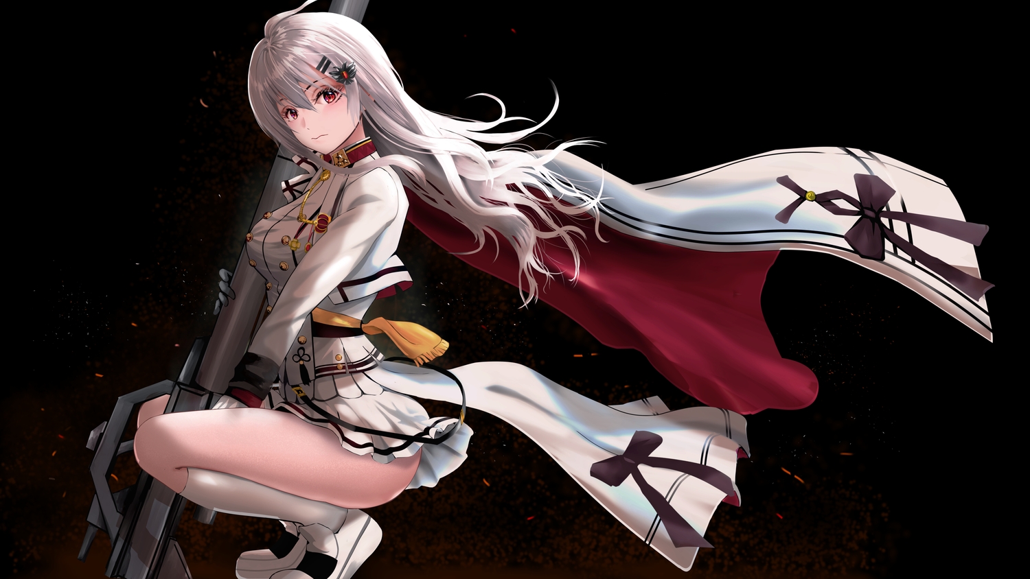 anthropomorphism, black, cape, gibun_(sozoshu), girls_frontline, gray_hair, gun, iws-2000_(girls_frontline)