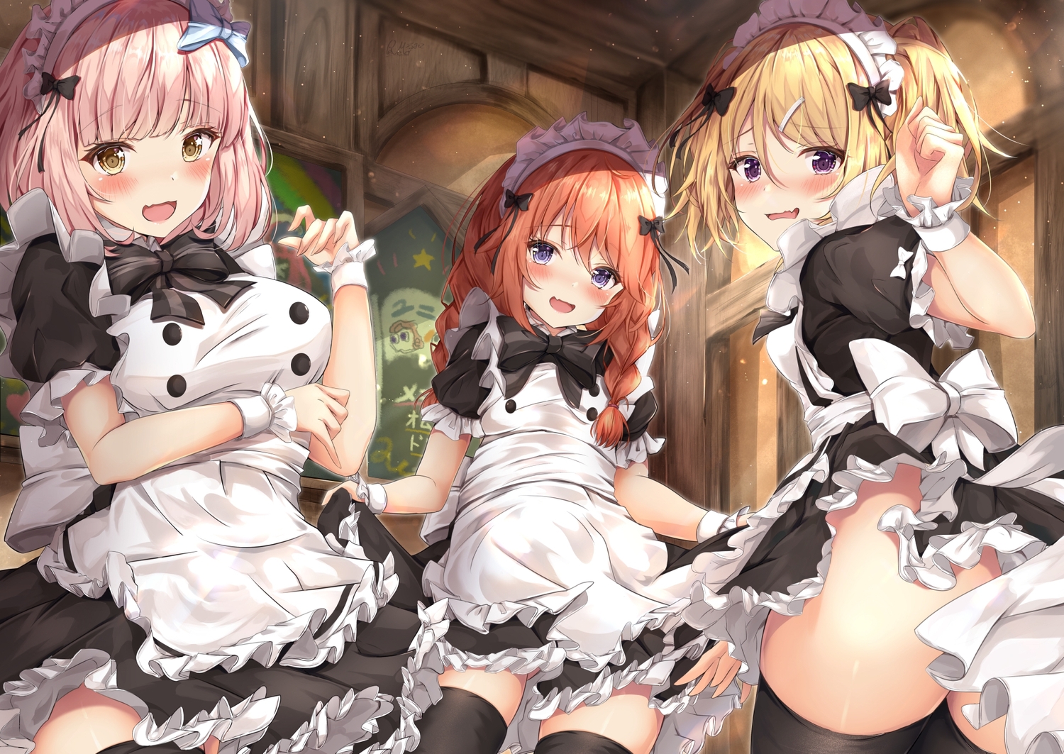 blonde_hair, blush, braids, breast_hold, brown_hair, cat_smile, fang, headband, kazama_chieru, kuroe_hanako, long_hair, maid, pink_hair, princess_connect!, rumiko_(rmeco), shingyouji_yuni, thighhighs, twintails