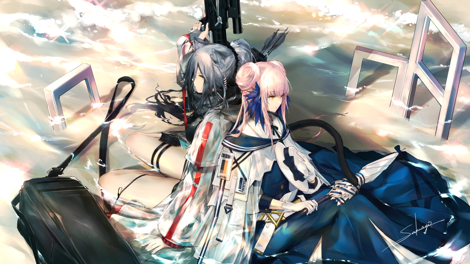 2girls, animal_ears, arknights, catgirl, ceylon_(arknights), gloves, gray_hair, gun