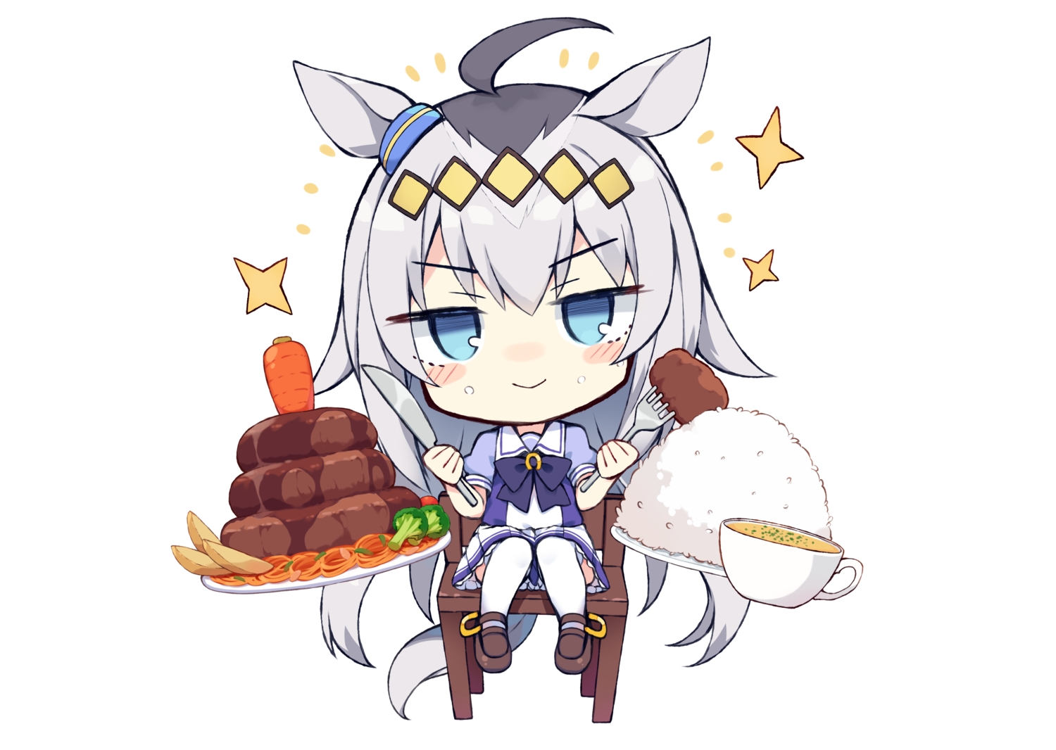 animal_ears, anthropomorphism, aqua_eyes, blush, chibi, food, gray_hair, long_hair