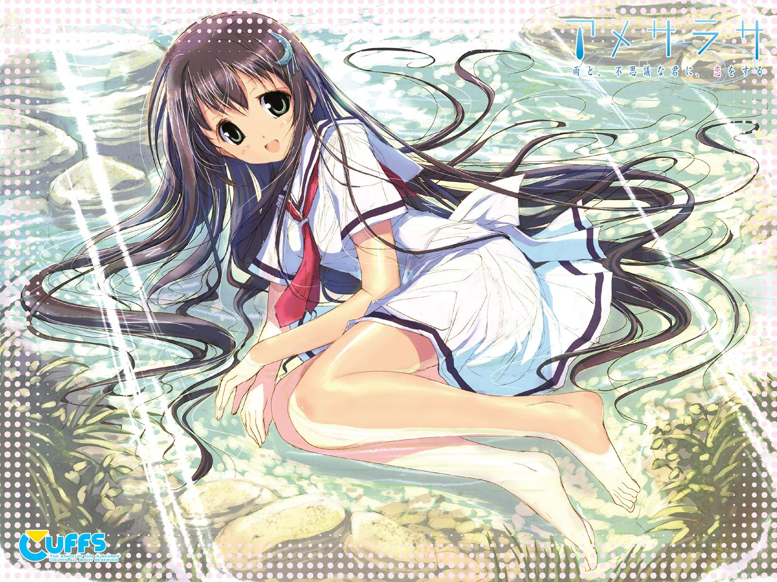 amesarasa, barefoot, brown_hair, chiyokawa_rin, cuffs_(studio), green_eyes, long_hair, school_uniform