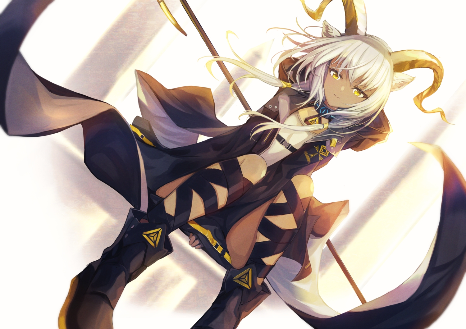 animal_ears, arknights, beeswax_(arknights), boots, dark_skin, gefujin, horns, long_hair, sheepgirl, twintails, white_hair, yellow_eyes