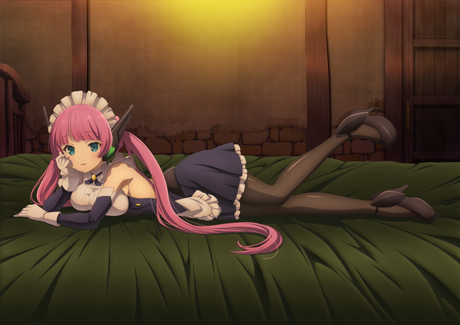 aqua_eyes, bed, gloves, headdress, isekai_maou_to_shoukan_shoujo_no_dorei_majutsu, maid, pantyhose, pink_hair, rose_(isekai_maou), tagme_(artist), twintails, waifu2x