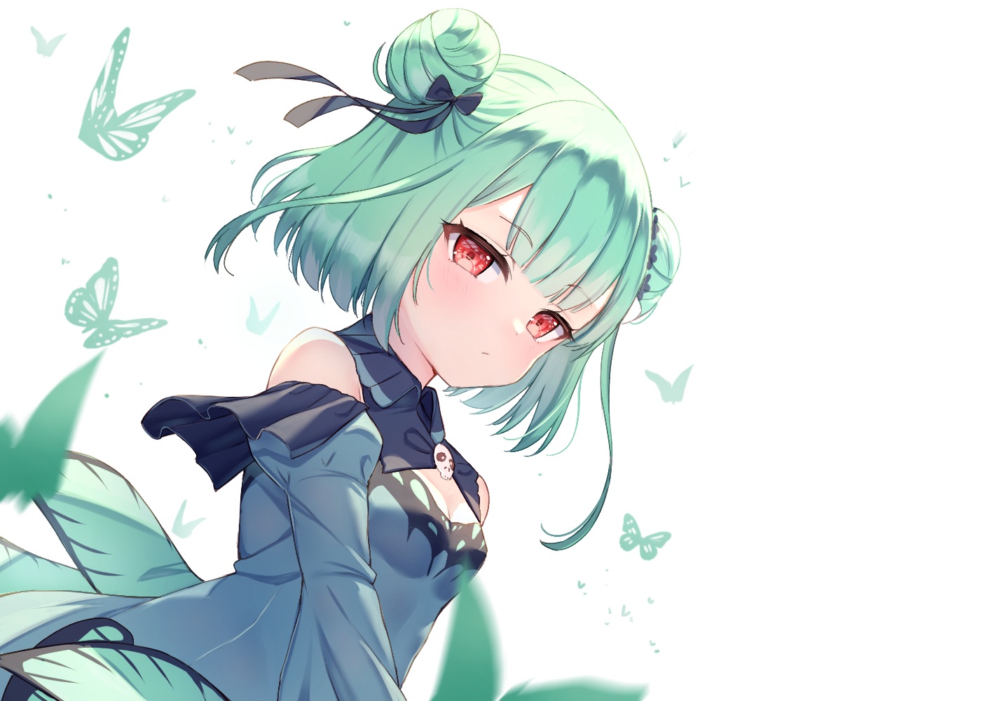 blush, breasts, butterfly, cleavage, close, dress, green_hair, hololive