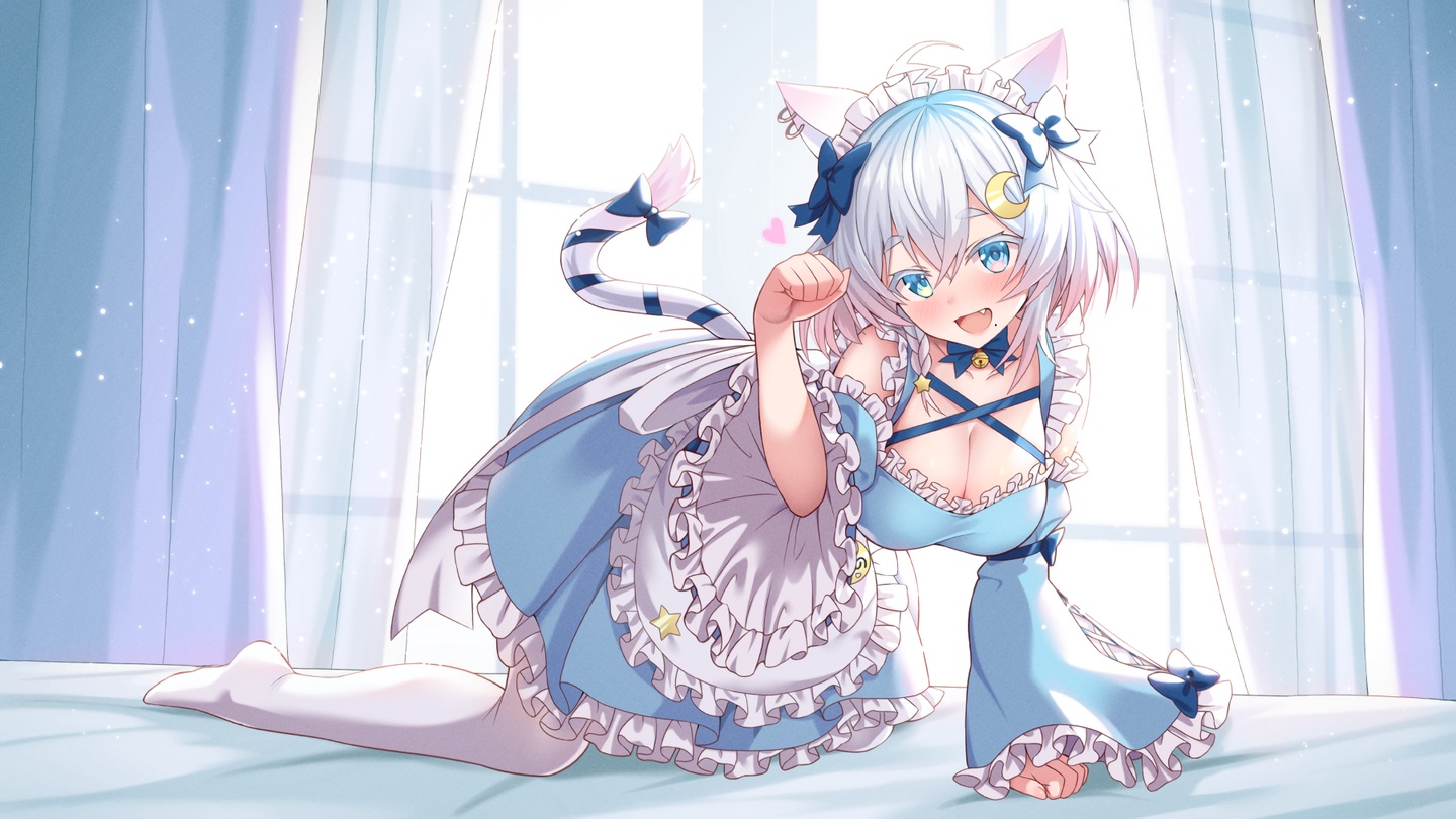 animal_ears, aqua_eyes, bettle_(b_s_a_n), breasts, catgirl, cleavage, fang, lolita_fashion, maid, shiraishi_yukino, tail, waifu2x