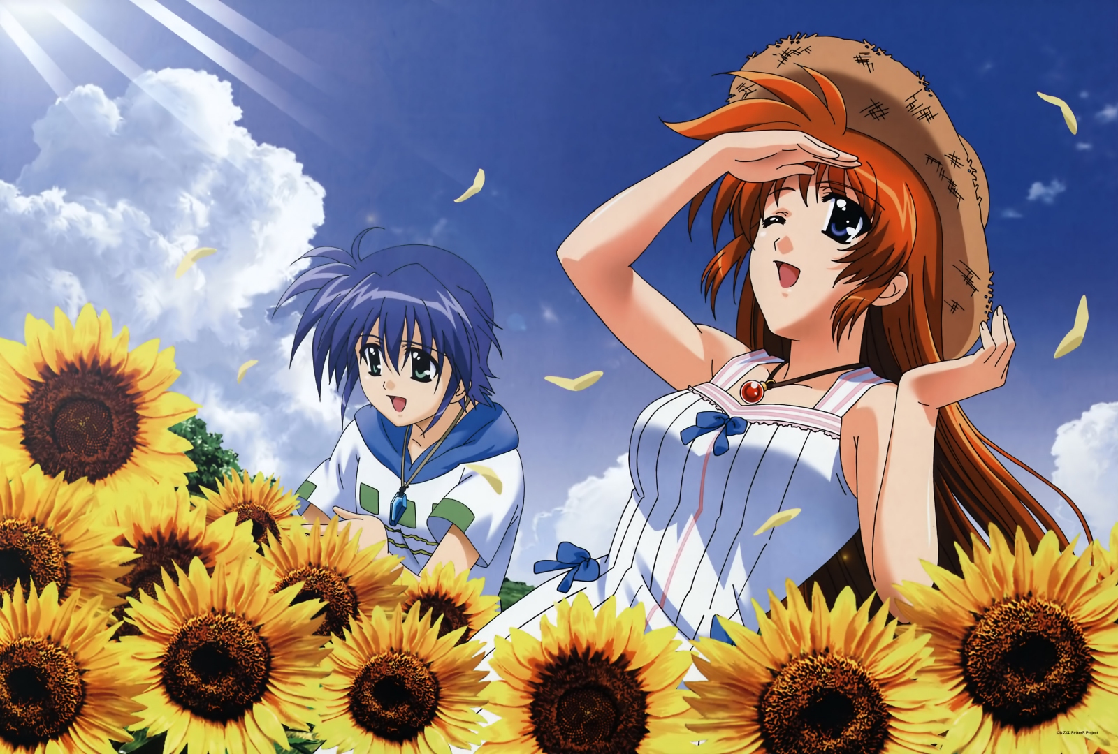 blue_hair, clouds, dress, flowers, hat, komori_atsushi, mahou_shoujo_lyrical_nanoha, mahou_shoujo_lyrical_nanoha_strikers