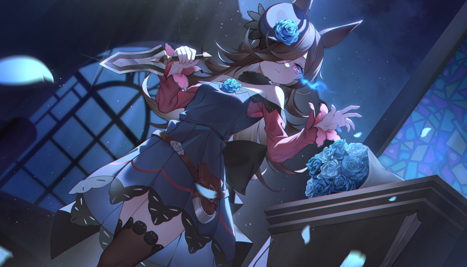 animal_ears, anthropomorphism, brown_hair, dress, flowers, knife, long_hair, magic, night, purple_eyes, rice_shower_(umamusume), rose, sky, stars, thighhighs, uma_musume:_pretty_derby, weapon, yukiyama_momo, zettai_ryouiki