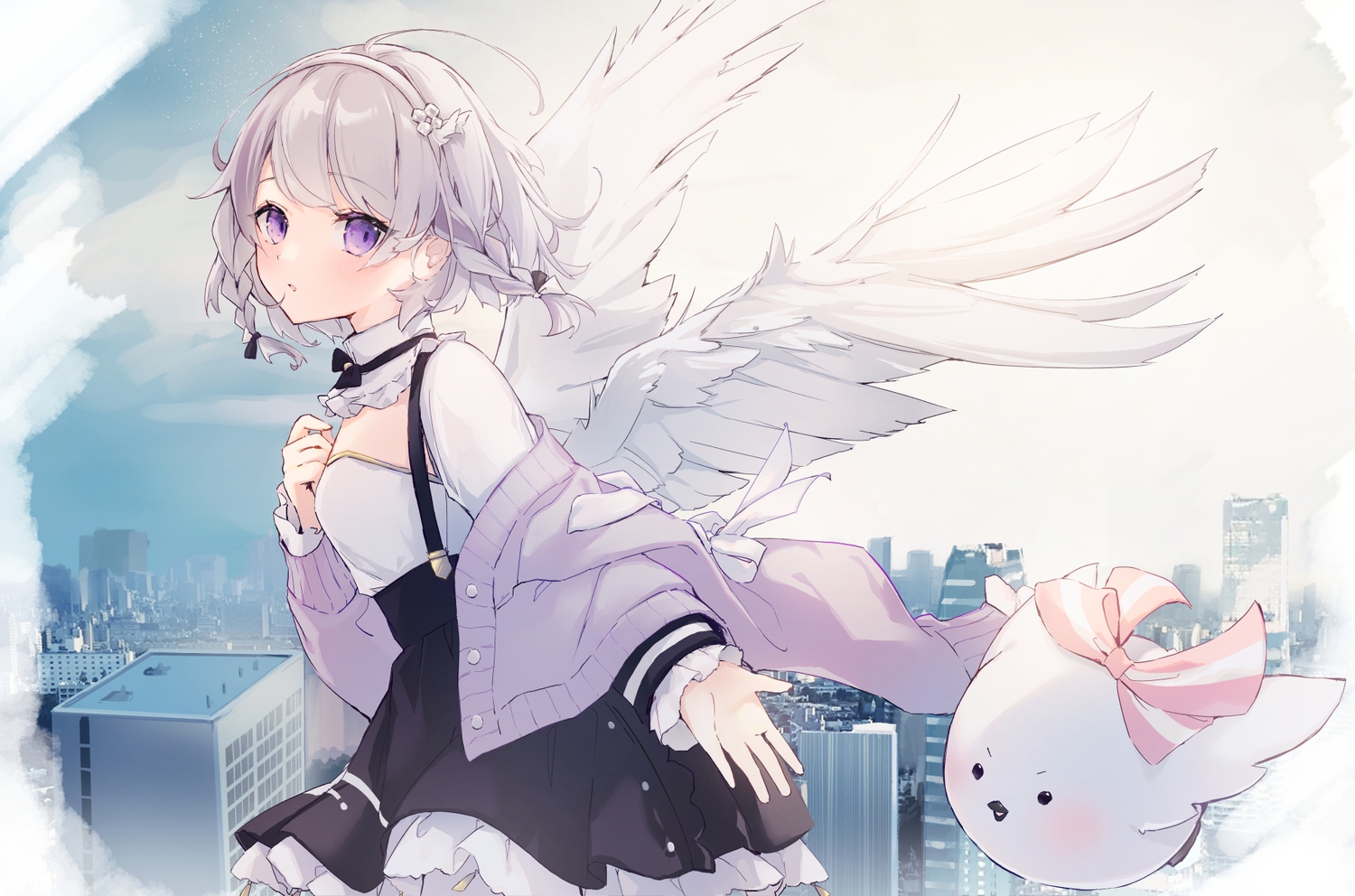 aliasing, blush, braids, building, city, gray_hair, headband, purple_eyes, sakana, skycolor_project, usuwa_suu, wings