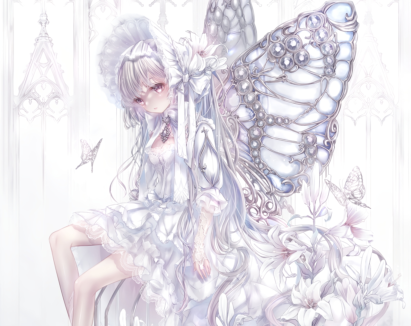 butterfly, cropped, elbow_gloves, flowers, gloves, hane_segawa, headdress, lolita_fashion, long_hair, original, polychromatic, purple_eyes, white_hair, wings