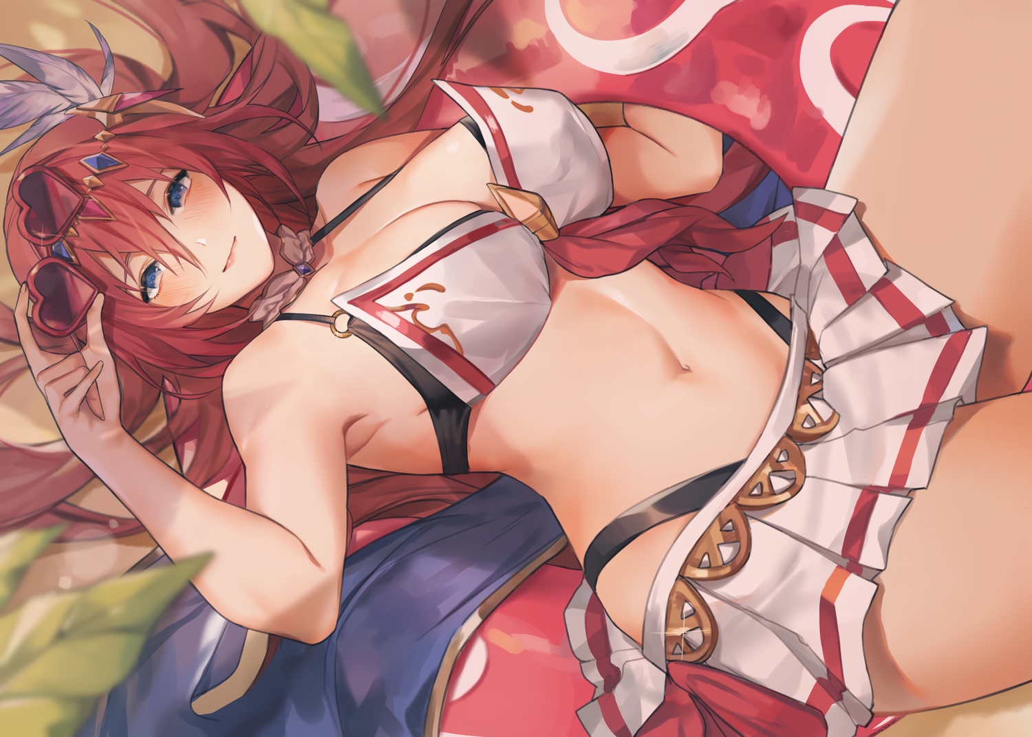 bikini, blue_eyes, blush, godguard_brodia, granblue_fantasy, long_hair, muunai, red_hair, sunglasses, swimsuit