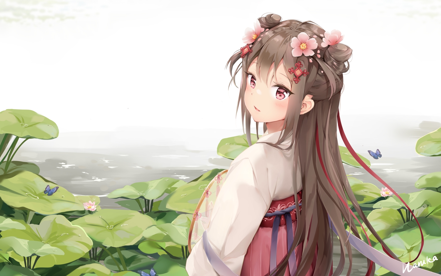 anthropomorphism, brown_hair, butterfly, chinese_clothes, flowers, girls_frontline, haruka_poi, leaves
