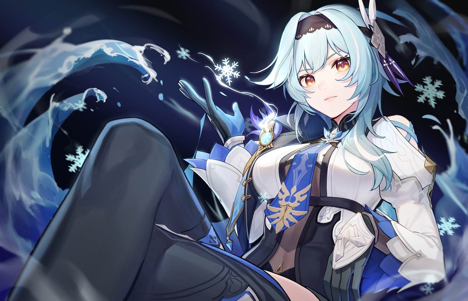 blue_hair, eula_lawrence, genshin_impact, gloves, headband, shiliuyexiaohei, water, yellow_eyes