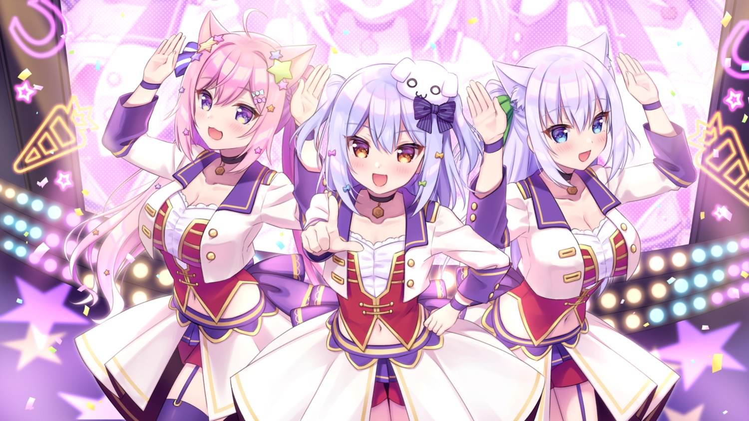 animal_ears, blue_eyes, blue_hair, blush, breasts, brown_eyes, catgirl, cat_smile