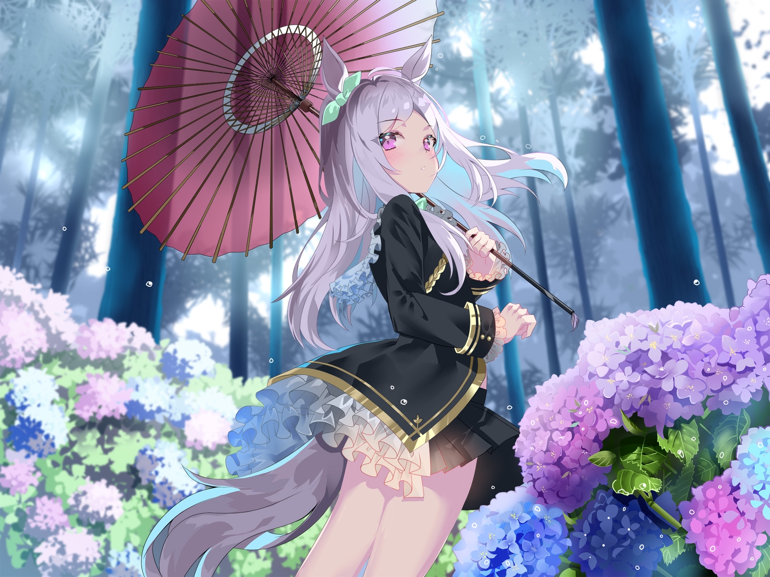 animal_ears, anthropomorphism, flowers, forest, gray_hair, long_hair, mejiro_mcqueen_(umamusume), purple_eyes