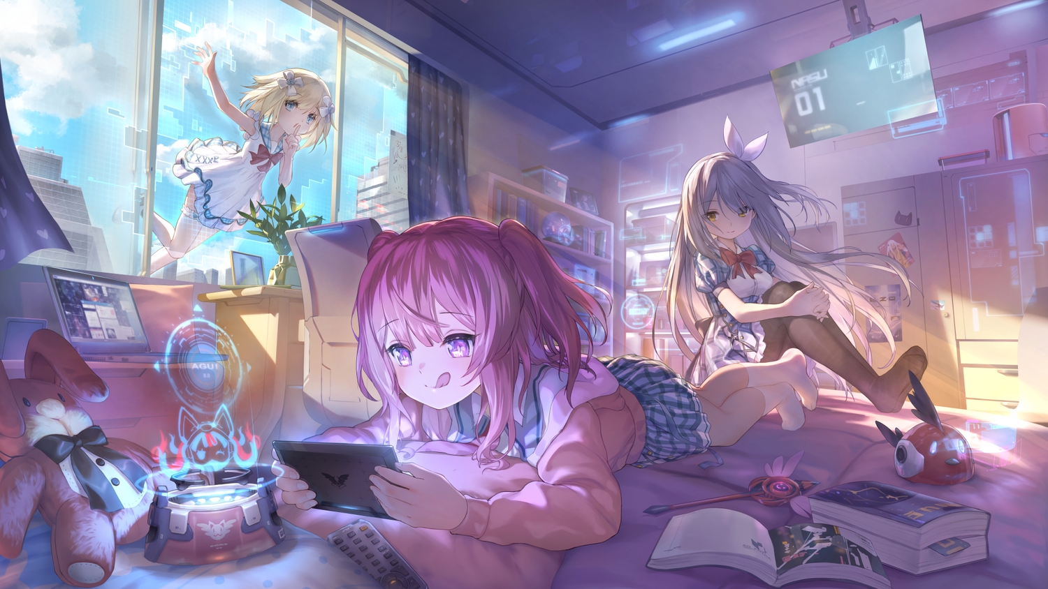 aliasing, armor_girls, blonde_hair, book, bunny, gray_hair, loli, long_hair, observerz, pantyhose, purple_eyes, school_uniform, skirt, sky, socks, tagme_(character)