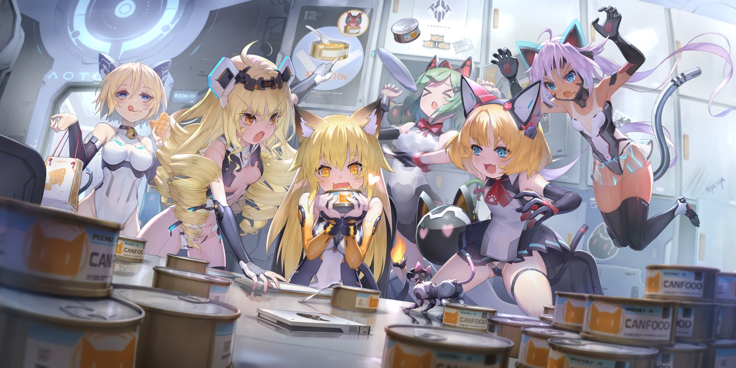 aliasing, animal_ears, armor_girls, blonde_hair, blue_eyes, catgirl, dark_skin, elbow_gloves, food, gloves, green_eyes, group, loli, long_hair, observerz, purple_hair, short_hair, tagme_(character), tail, yellow_eyes