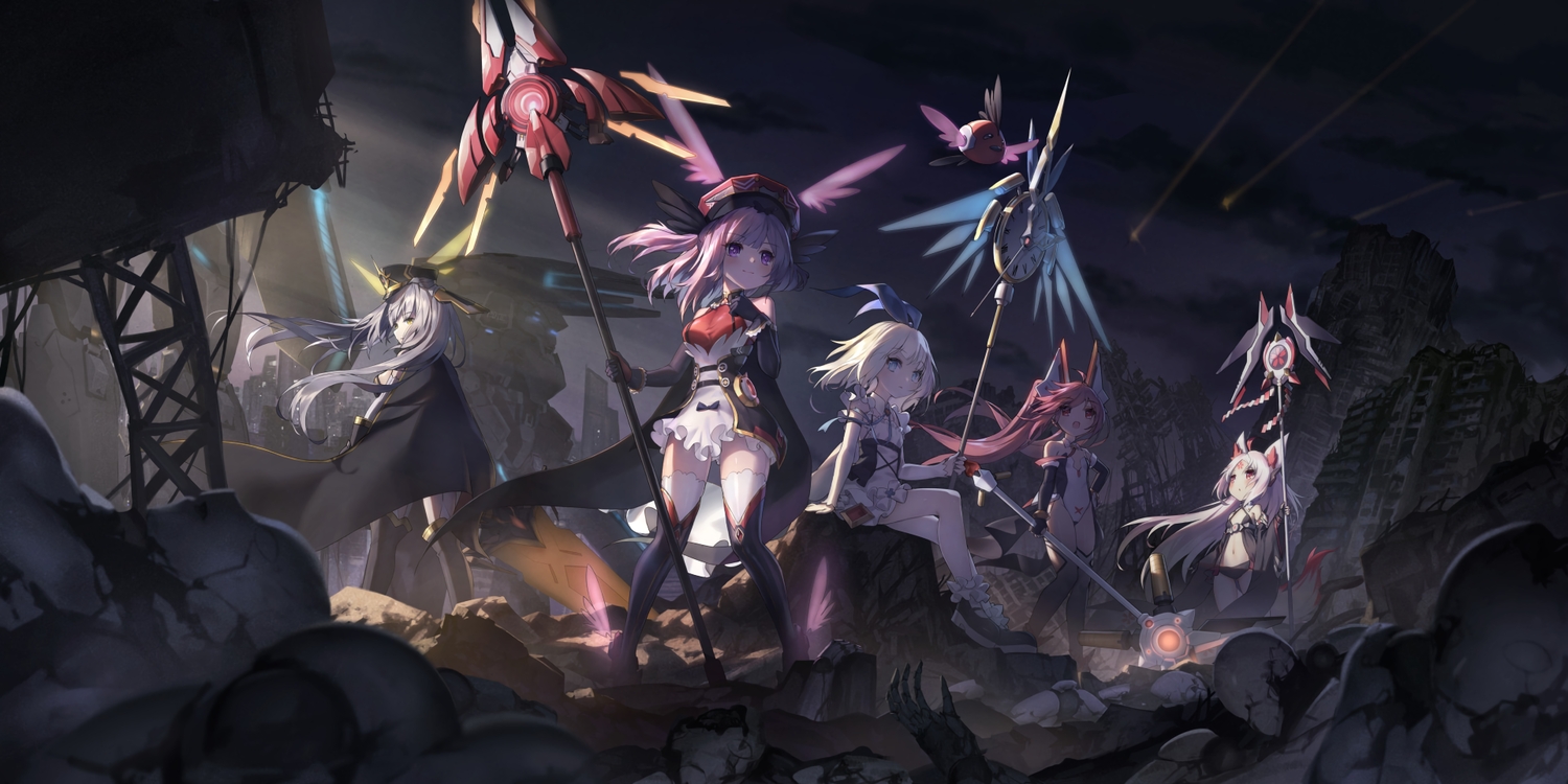 aliasing, armor_girls, cape, gray_hair, group, hat, loli, long_hair, observerz, purple_eyes, purple_hair, staff, tagme_(character), thighhighs, weapon