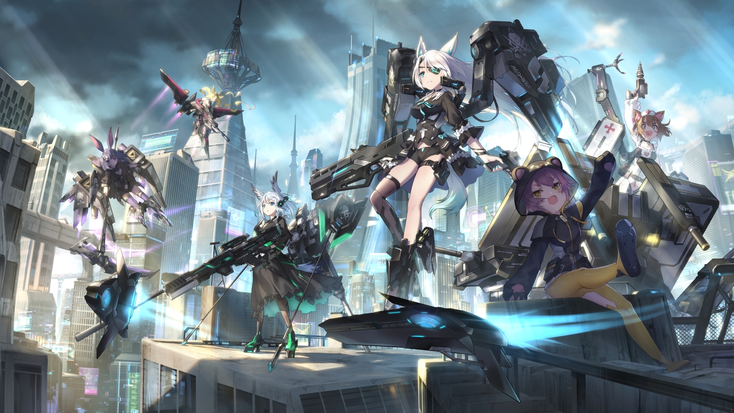 animal_ears, armor_girls, brown_hair, building, city, clouds, eyepatch, gray_hair