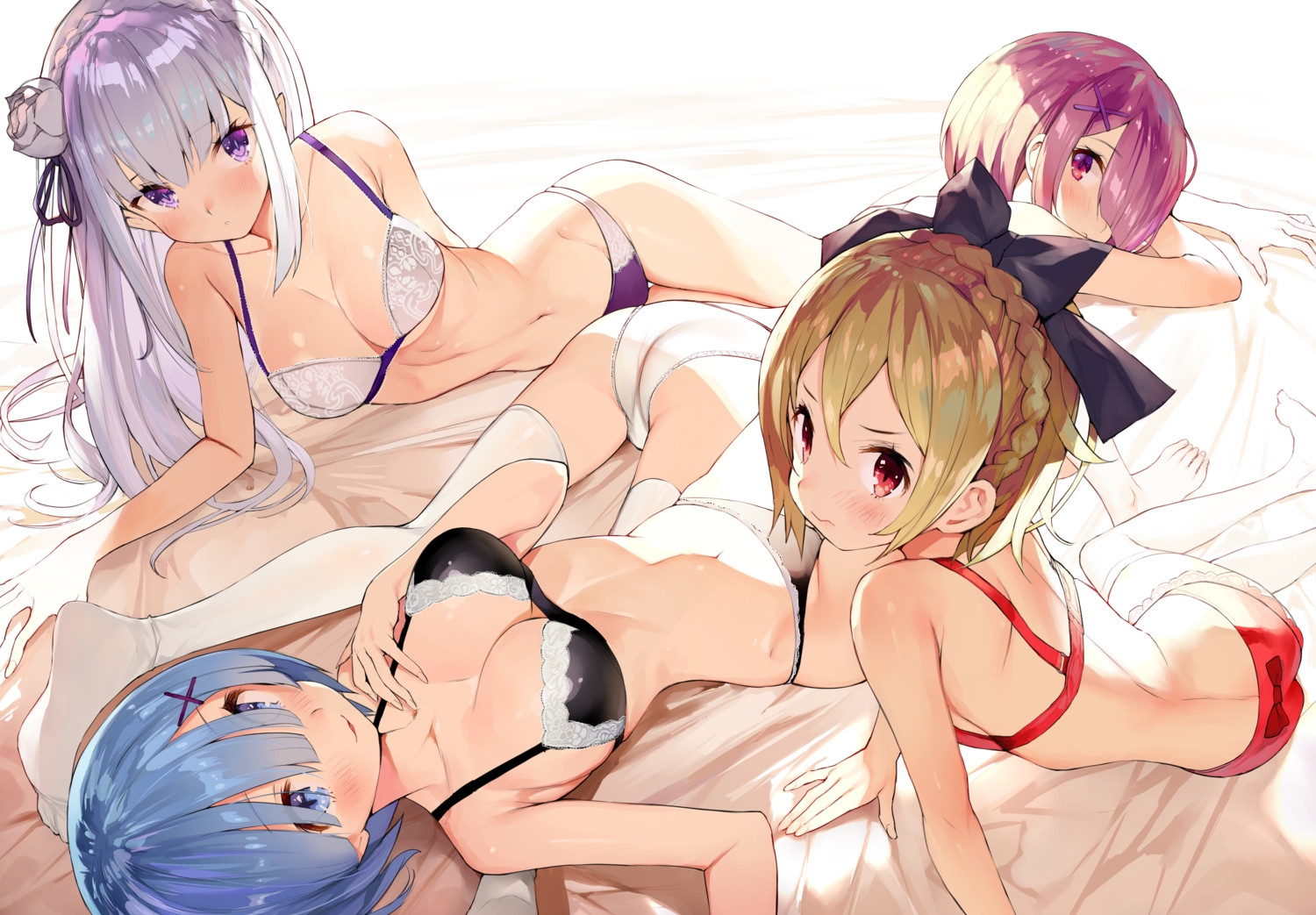 aqua_eyes, aqua_hair, ass, blonde_hair, blush, bra, braids, breasts, cropped, emilia_(re:zero), felt_(re:zero), flowers, gaou_(umaiyo_puyoman), group, long_hair, navel, panties, pink_hair, purple_eyes, ram_(re:zero), red_eyes, rem_(re:zero), re:zero_kara_hajimeru_isekai_seikatsu, ribbons, short_hair, thighhighs, twins, underwear, white_hair