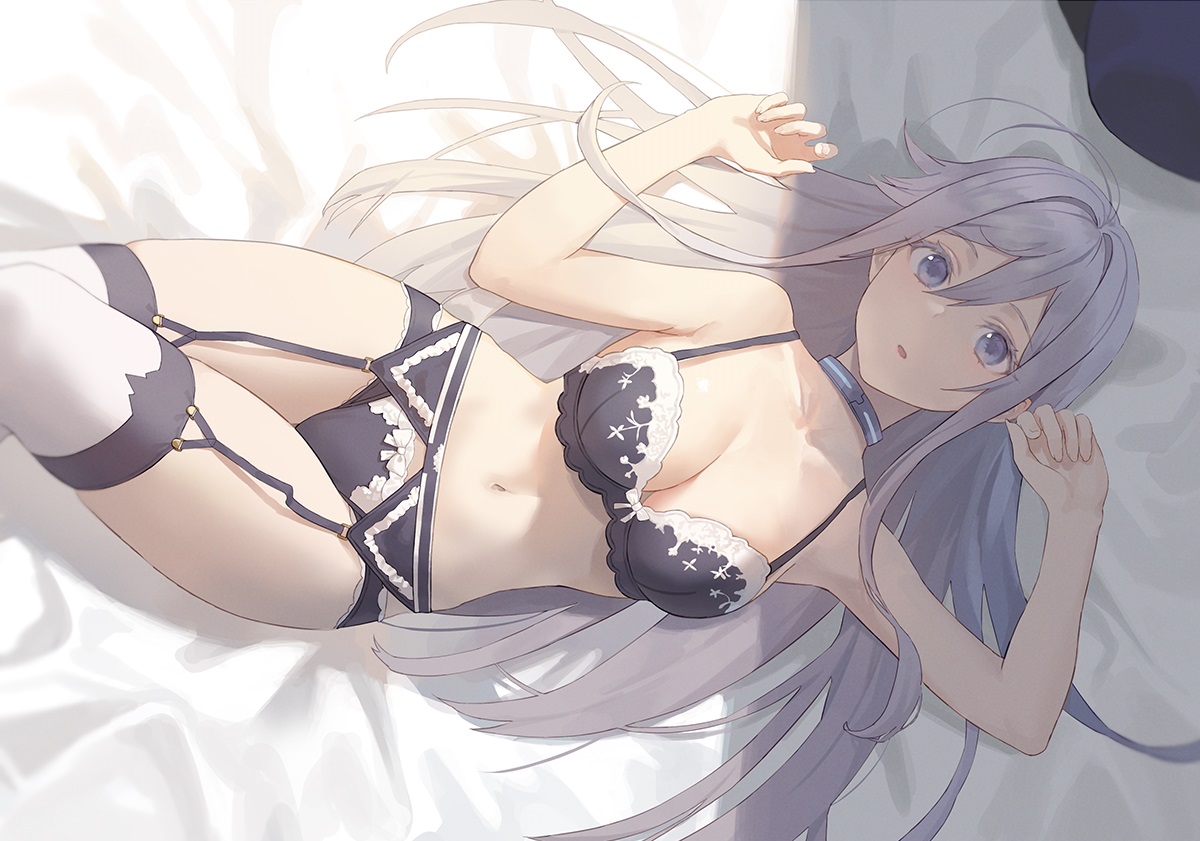 86_(anime), bra, breasts, cleavage, collar, garter_belt, gray_eyes, gray_hair, long_hair, panties, seon_(seonon), stockings, underwear, vladilena_millize