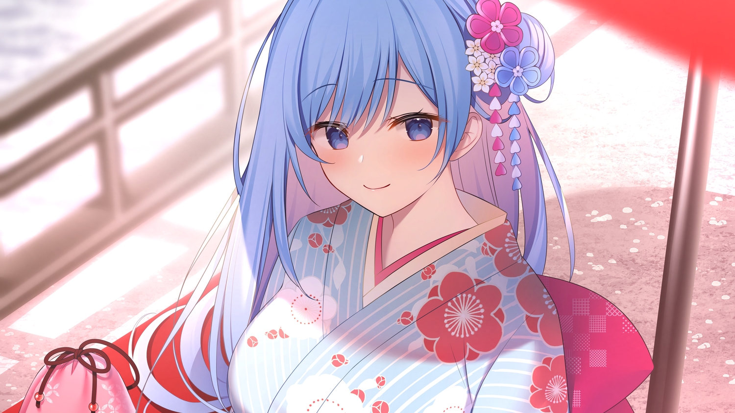 aqua_eyes, blue_hair, blush, emori_miku, japanese_clothes, livercity, long_hair, miko_(royal_milk)