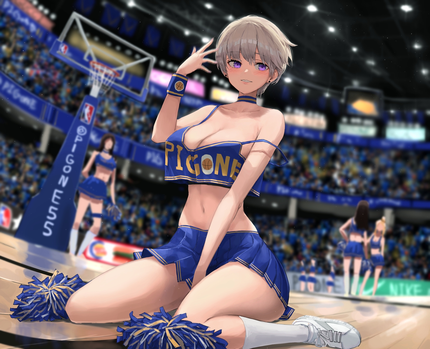 basketball, blush, cheerleader, gray_hair, navel, original, pigonhae, purple_eyes