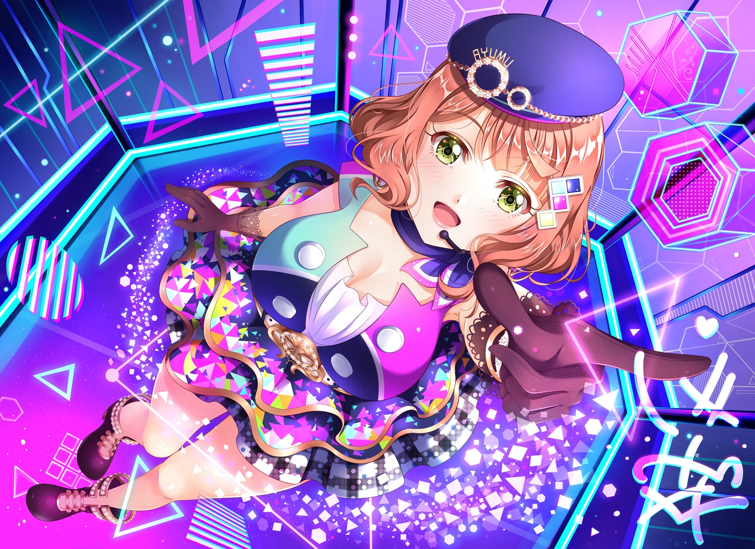 breasts, brown_hair, cleavage, dress, gloves, green_eyes, hat, love_live!_nijigasaki_high_school_idol_club