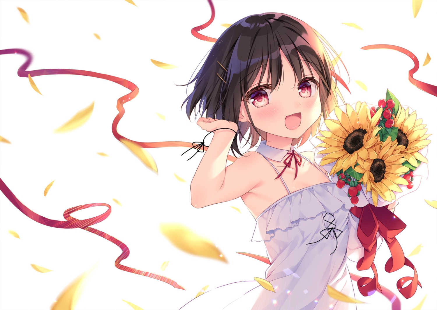 black_hair, blush, bow, dress, flowers, original, petals, red_eyes