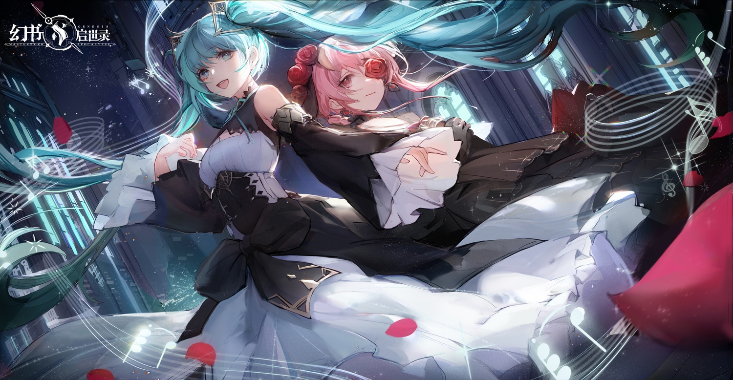 2girls, aqua_eyes, aqua_hair, dress, elizabeth_(masterwork_apocalypse), flowers, hatsune_miku, logo, masterwork_apocalypse, music, pink_eyes, pink_hair, rose, twintails, vocaloid, yakumo_1041624199