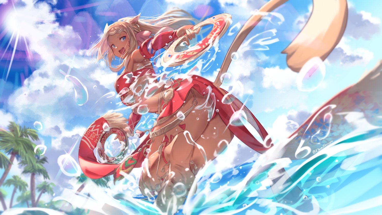 animal_ears, barefoot, blonde_hair, blue_eyes, braids, catgirl, clouds, dark_skin, final_fantasy, final_fantasy_xiv, k3nzoteruya, long_hair, miqo'te, signed, sky, tail, tree, water, weapon