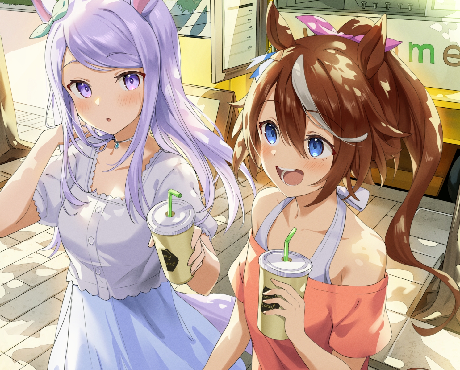 2girls, akamoku, animal_ears, anthropomorphism, blue_eyes, blush, bow, brown_hair, choker, cropped, drink, long_hair, mejiro_mcqueen_(umamusume), ponytail, purple_eyes, purple_hair, skirt, tail, tokai_teio_(umamusume), uma_musume:_pretty_derby
