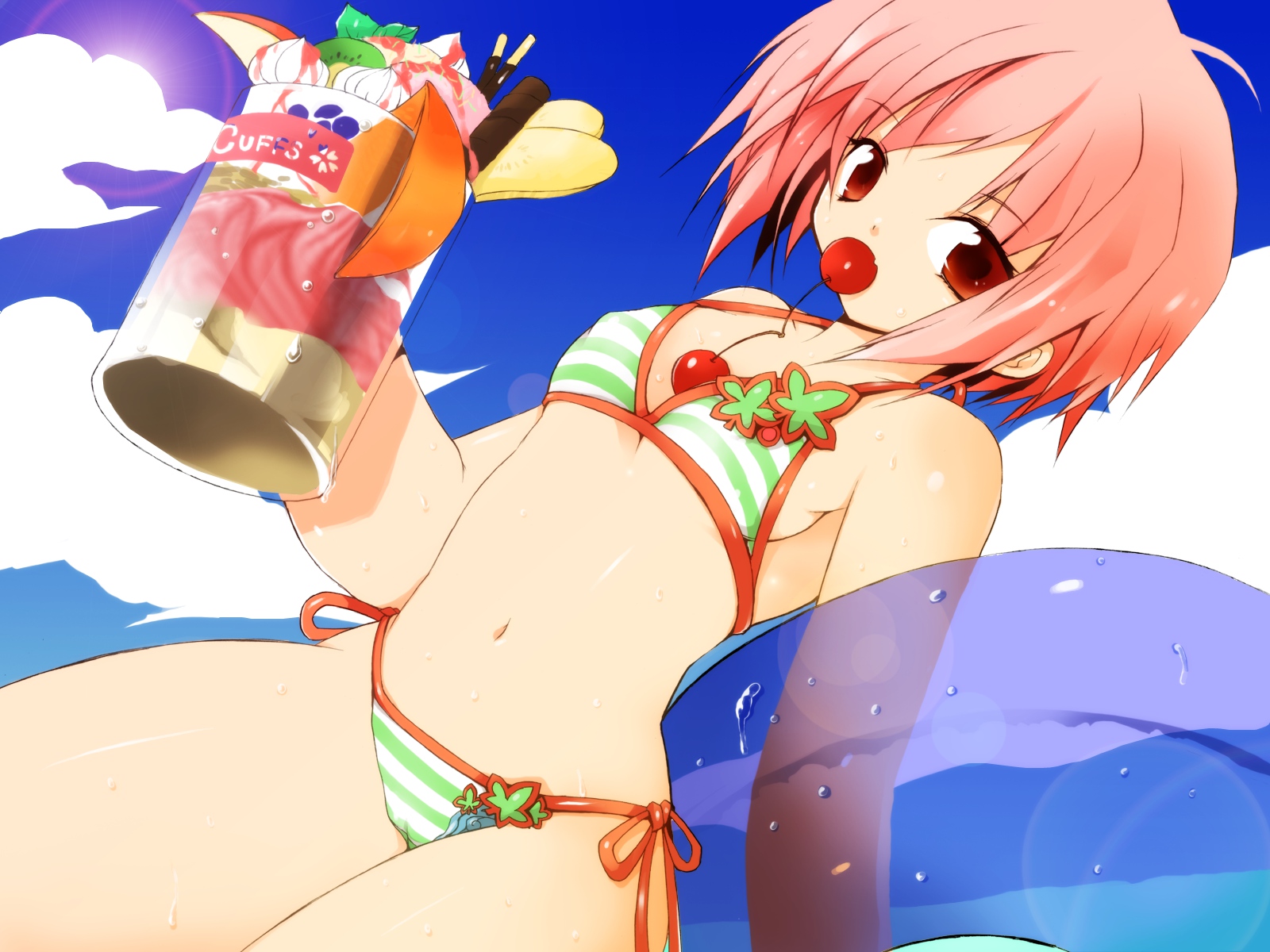 akino_momiji, bikini, cameltoe, cherry, cuffs_(studio), erect_nipples, food, fruit