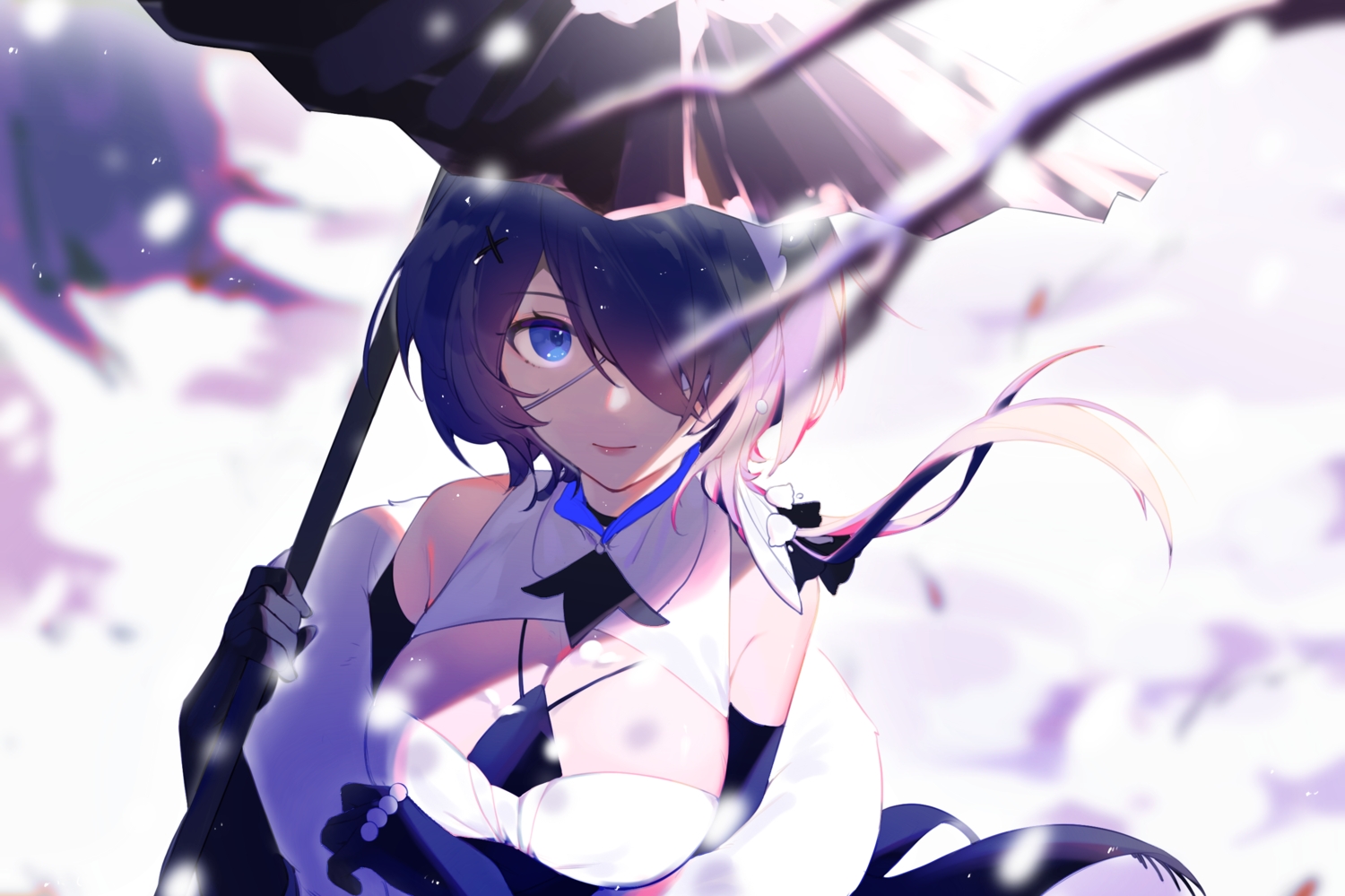 arknights, blue_eyes, breast_hold, breasts, cleavage, close, cropped, eyepatch, fui_(fui29493452), gloves, polychromatic, umbrella, whisperain_(arknights)