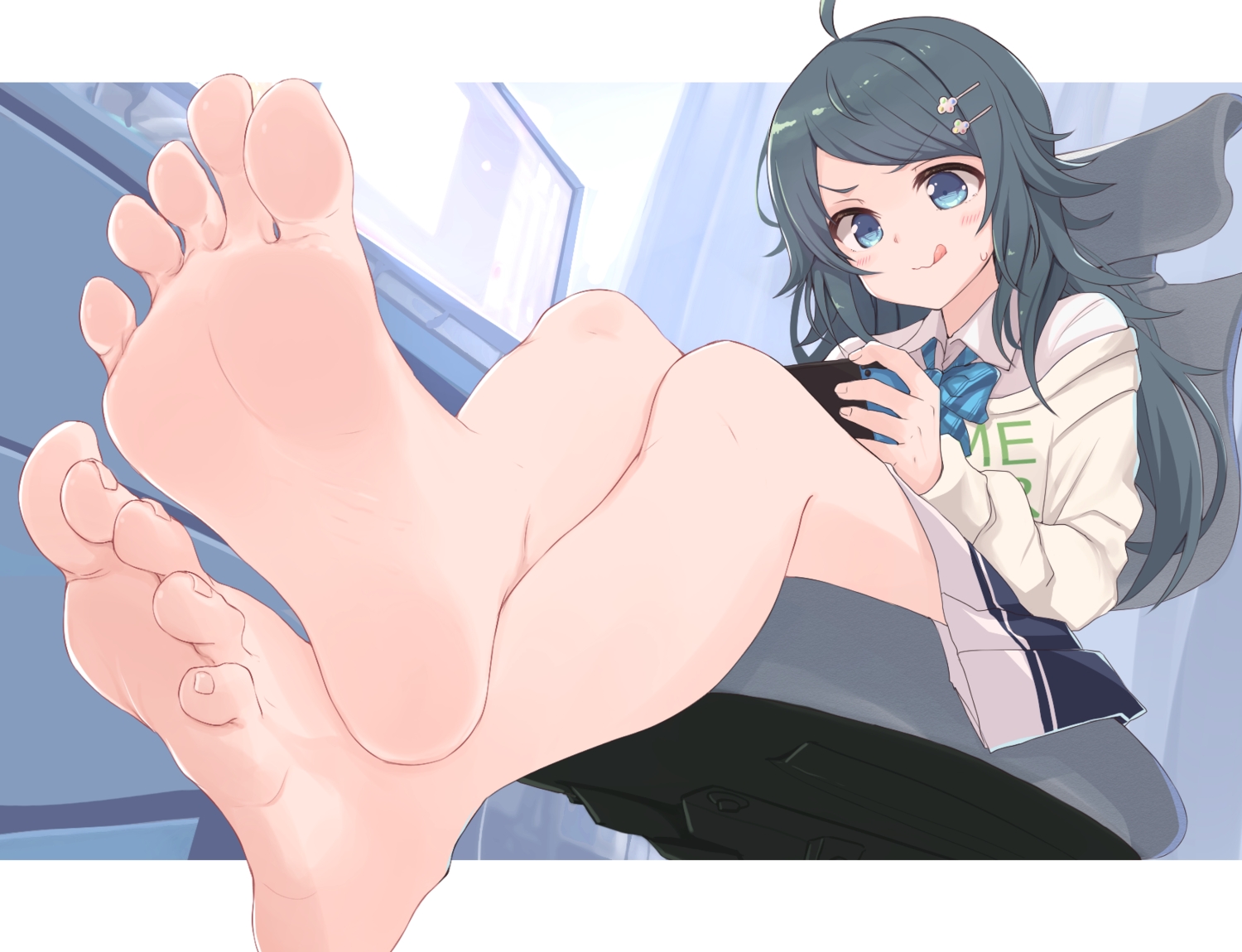 barefoot, black_hair, blue_eyes, blush, bow, close, computer, cropped, game_console, inohara_koboshi, kahlua, long_hair, ongeki, school_uniform, skirt