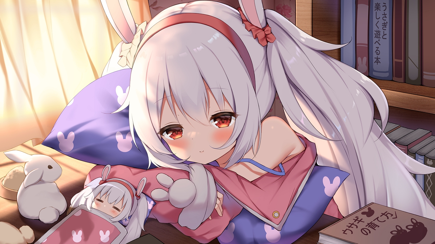 animal, animal_ears, anthropomorphism, azur_lane, blush, book, bunny_ears, bunnygirl, chibi, gray_hair, irokari, laffey_(azur_lane), loli, long_hair, rabbit, red_eyes, twintails