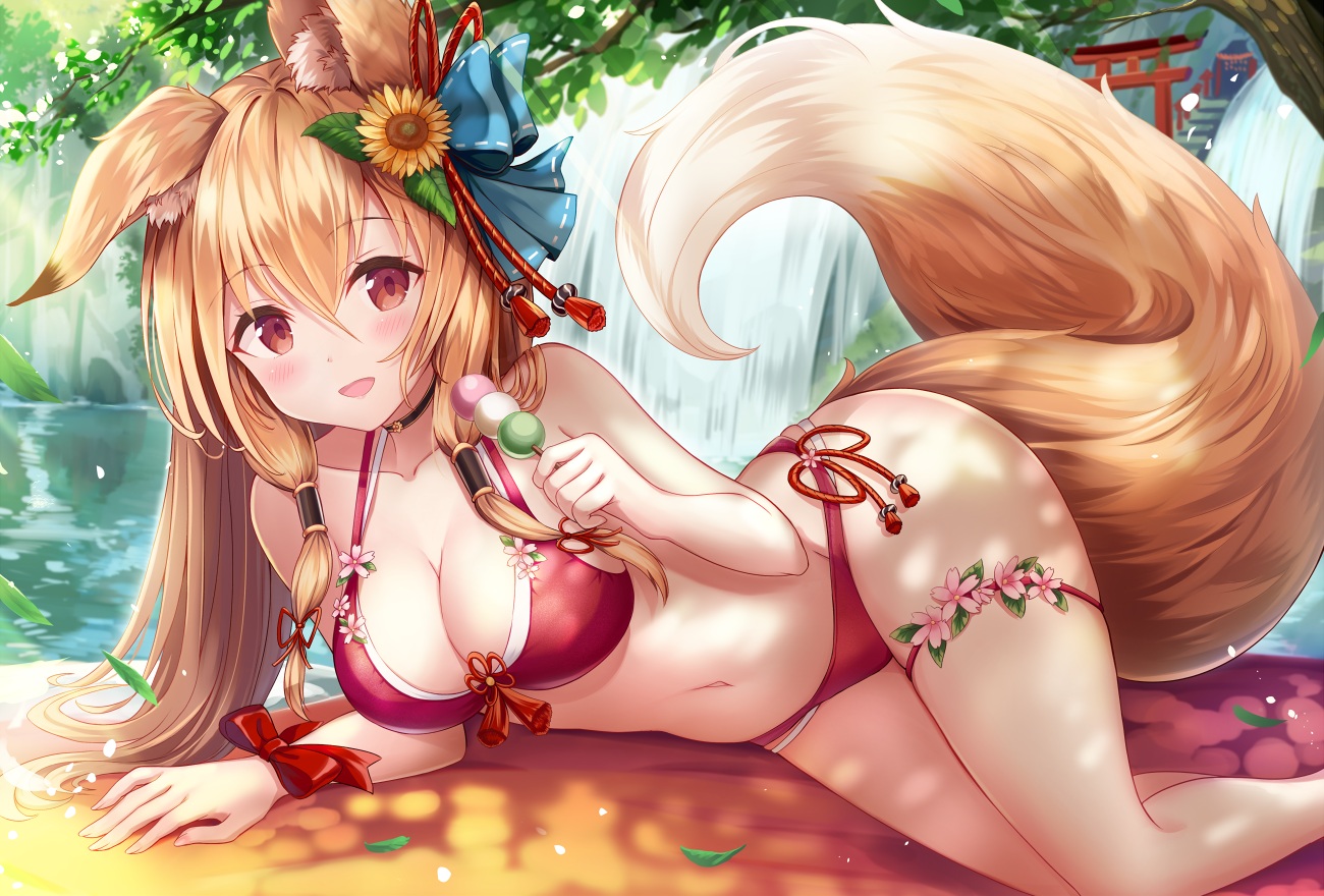 aliasing, animal_ears, bikini, blonde_hair, blush, cropped, food, foxgirl