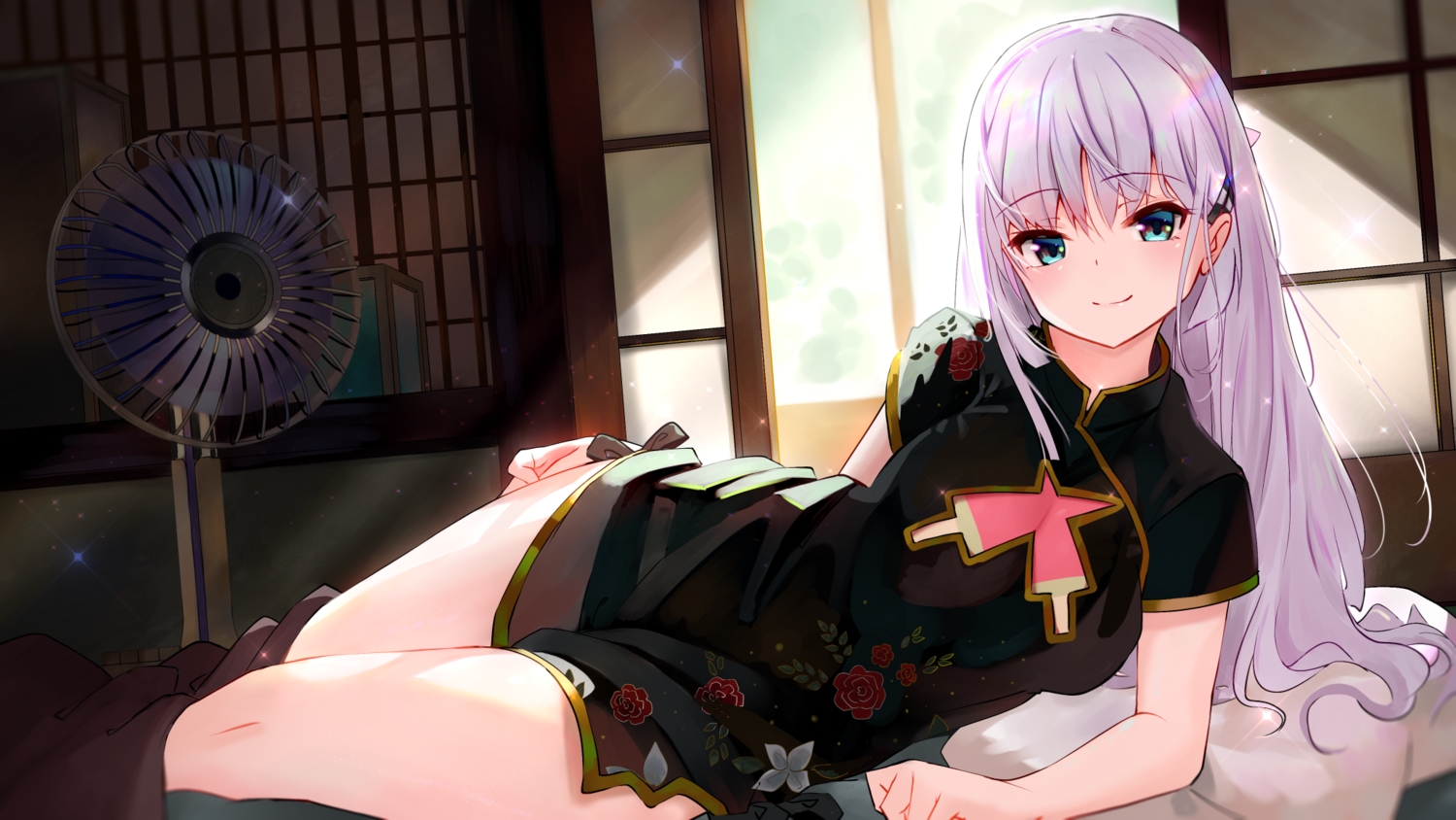aliasing, bed, breasts, chinese_clothes, chinese_dress, cleavage, dress, fan
