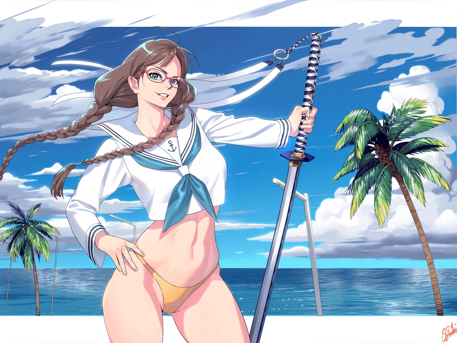 aqua_eyes, bikini, braids, brown_hair, clouds, glasses, katana, long_hair, ogami, original, school_uniform, signed, sky, swimsuit, sword, tree, twintails, water, weapon