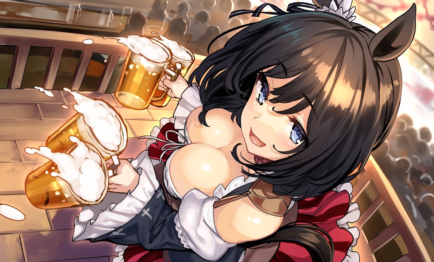 animal_ears, anthropomorphism, black_hair, blue_eyes, blush, breasts, cleavage, dress