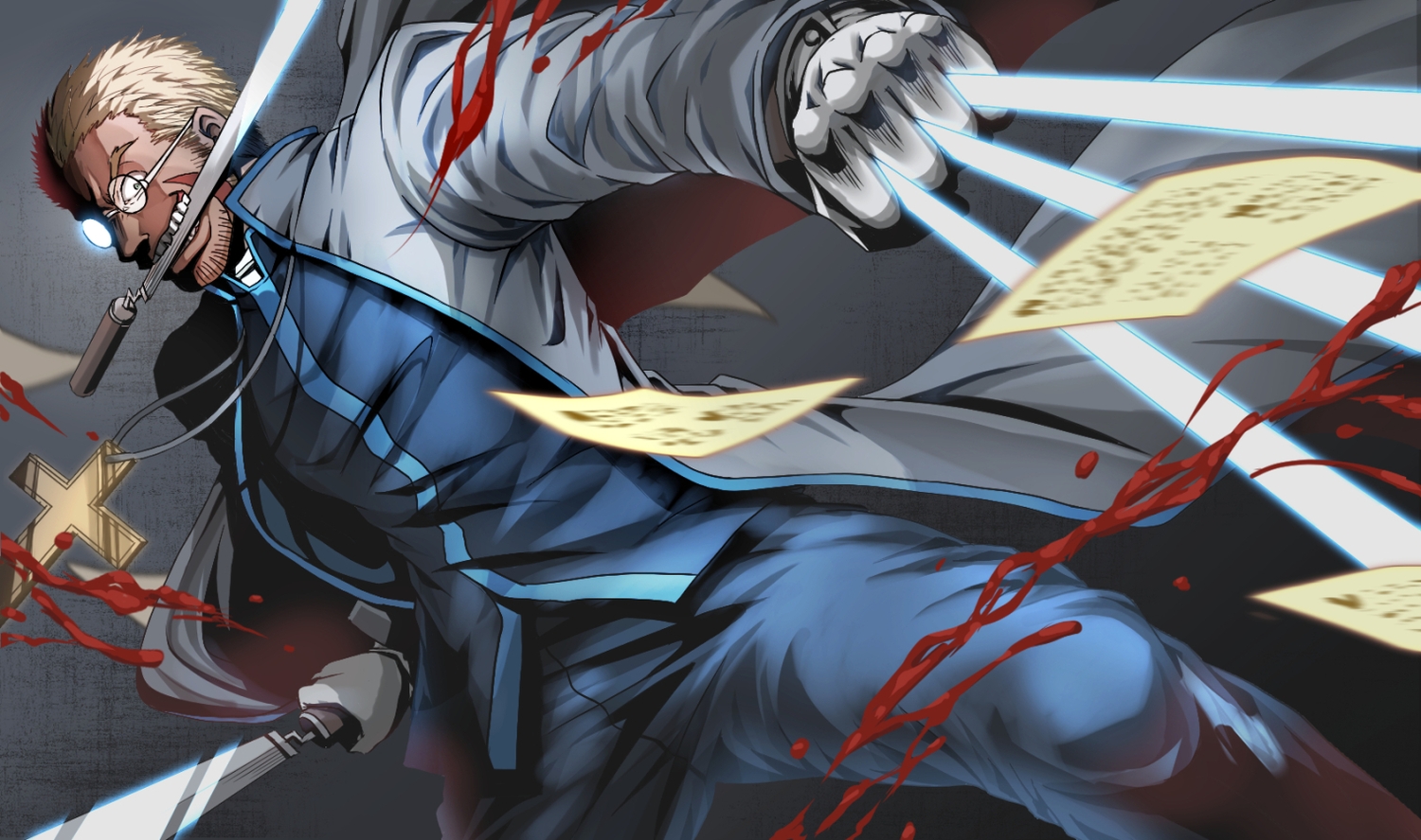 alexander_anderson, all_male, blonde_hair, blood, blue_eyes, cross, glasses, gloves, hellsing, knife, mabin, male, paper, scar, uniform, weapon